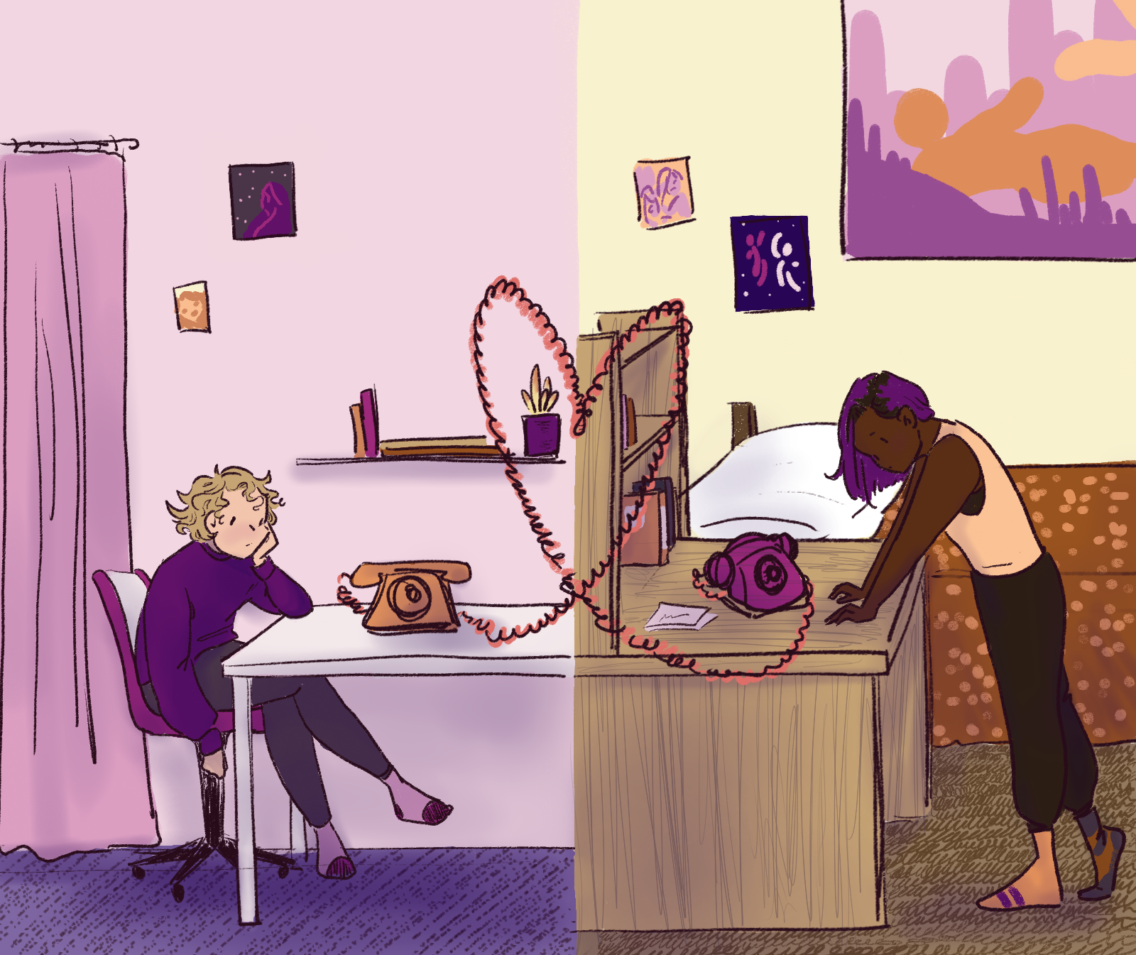 comic depicting two girls waiting by the phone for the other to call, the cords connected in a heart