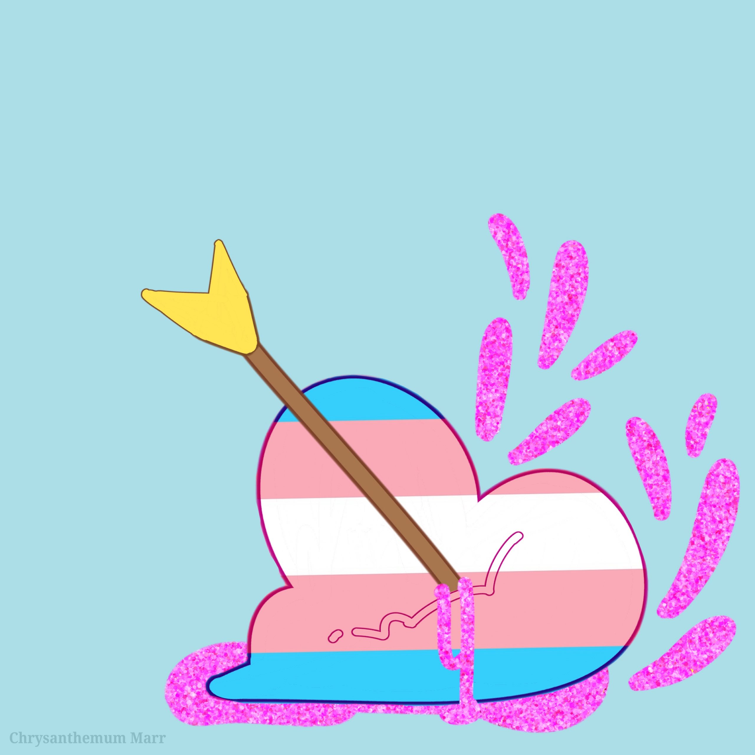 trans flag heart slumped and bleeding, pierced by an arrow
