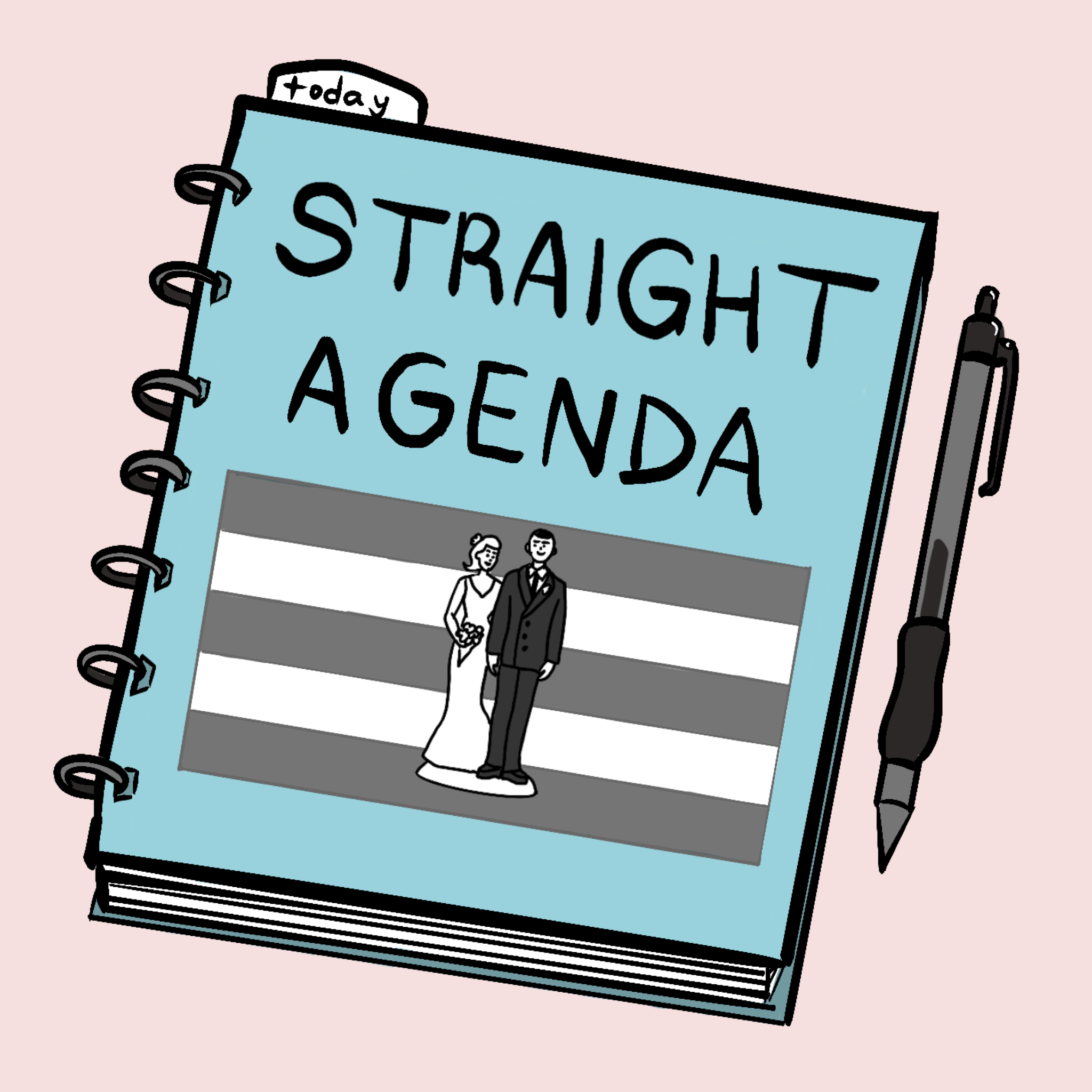 illustration of a spiral bound calendar titled The Straight Agenda, a photo of a bride and groom featured on the cover