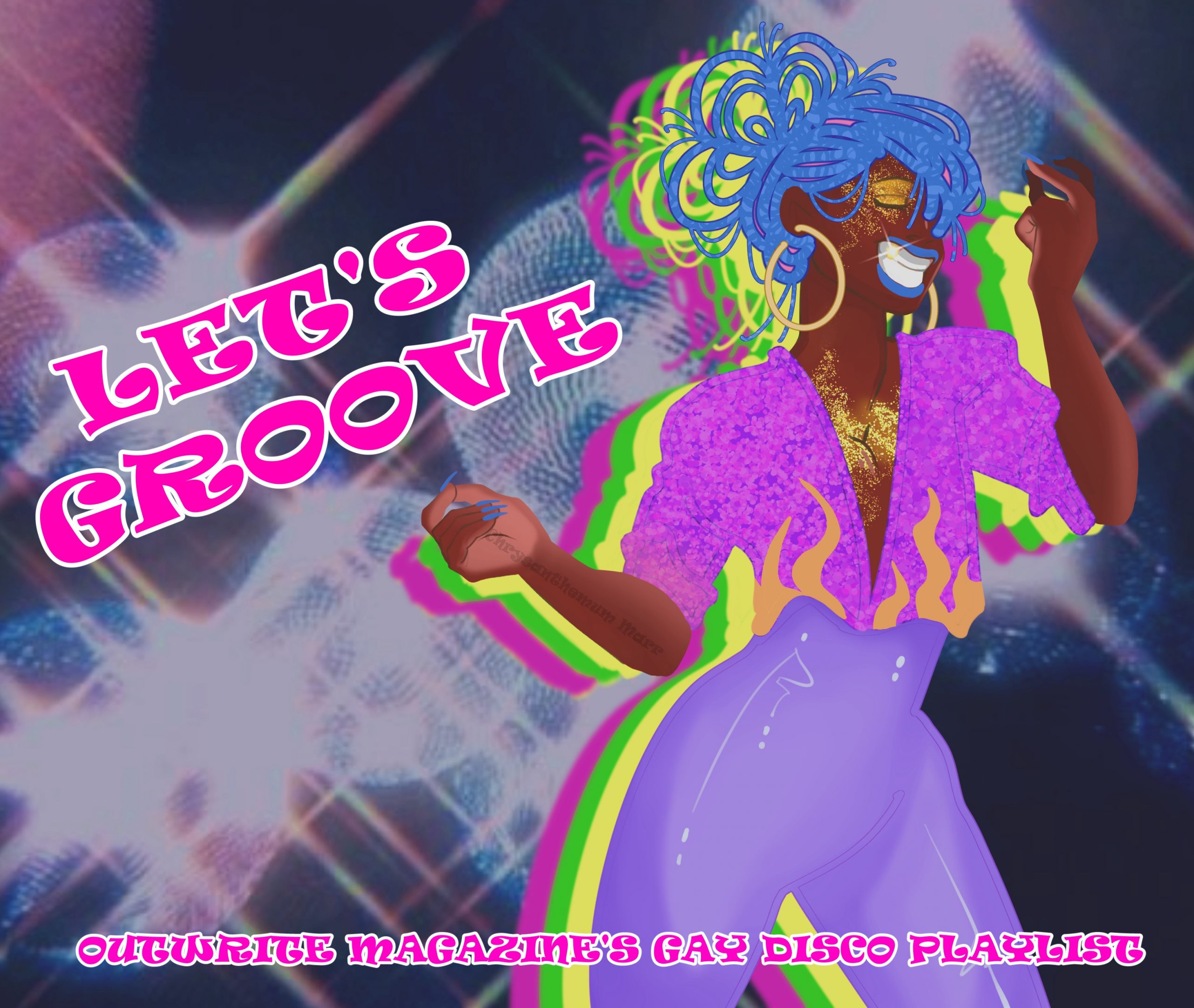 illustration of a black woman with bright blue braids and an 80s outfit dancing. bright pink text reads "let's groove, outwrite newsmagazine's gay disco playlist