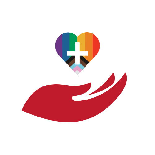 blood donation logo depicting a hand below a heart with a white cross. the heart is colored by the progress pride flag.