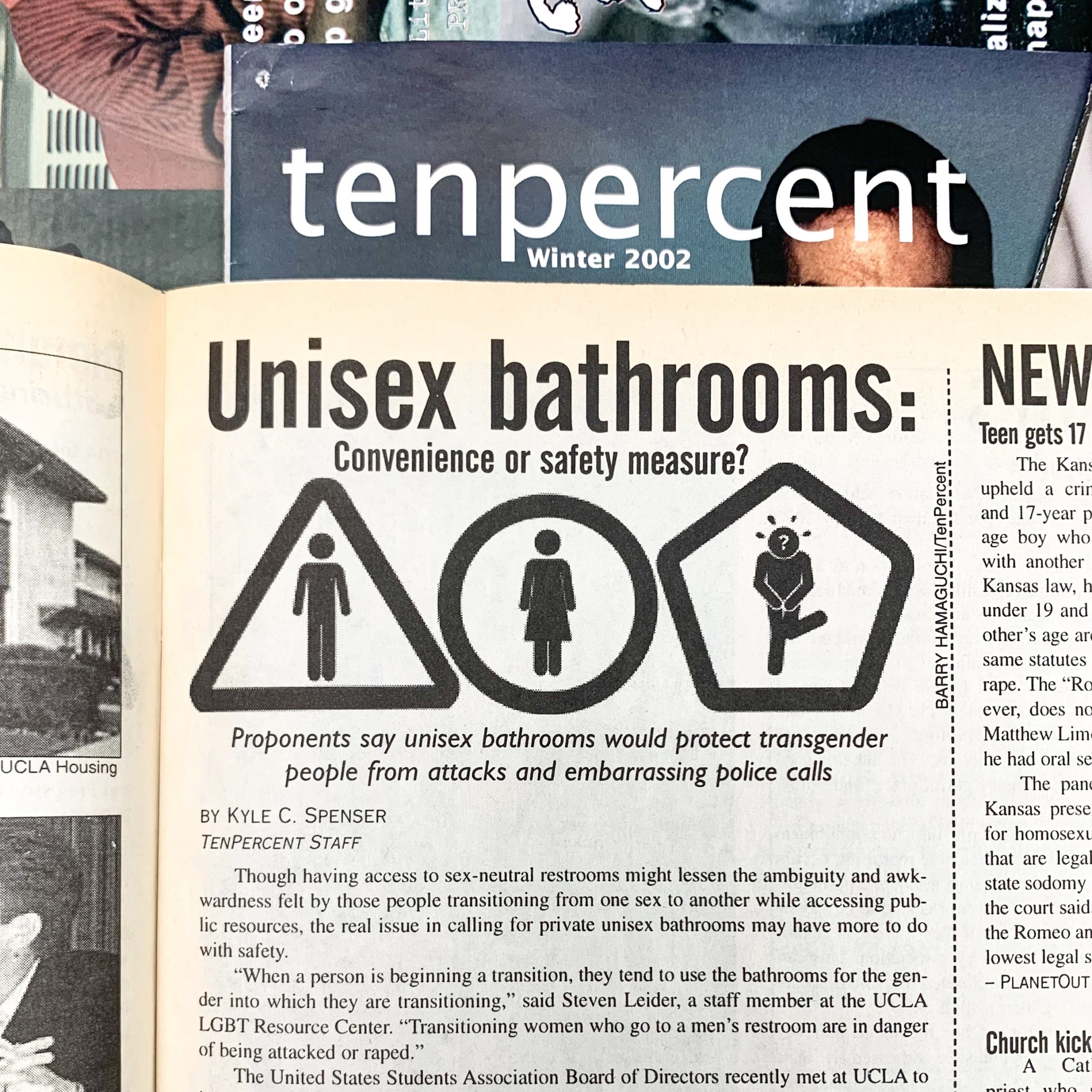 ten percent print article titled unisex bathrooms: convenience or safety measure? below title are bathroom signs