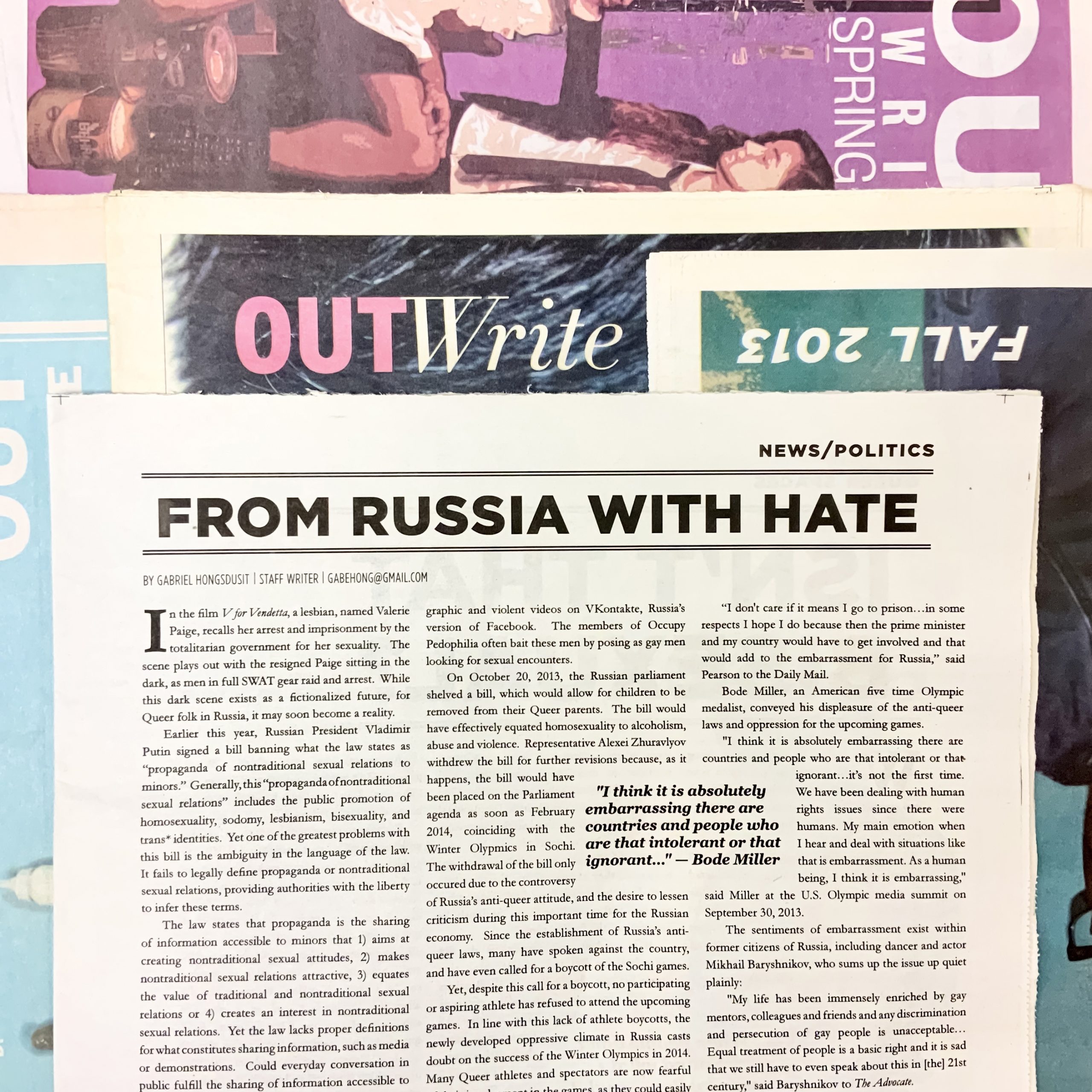 photo of outwrite fall 2013 article titled "from russia with hate"