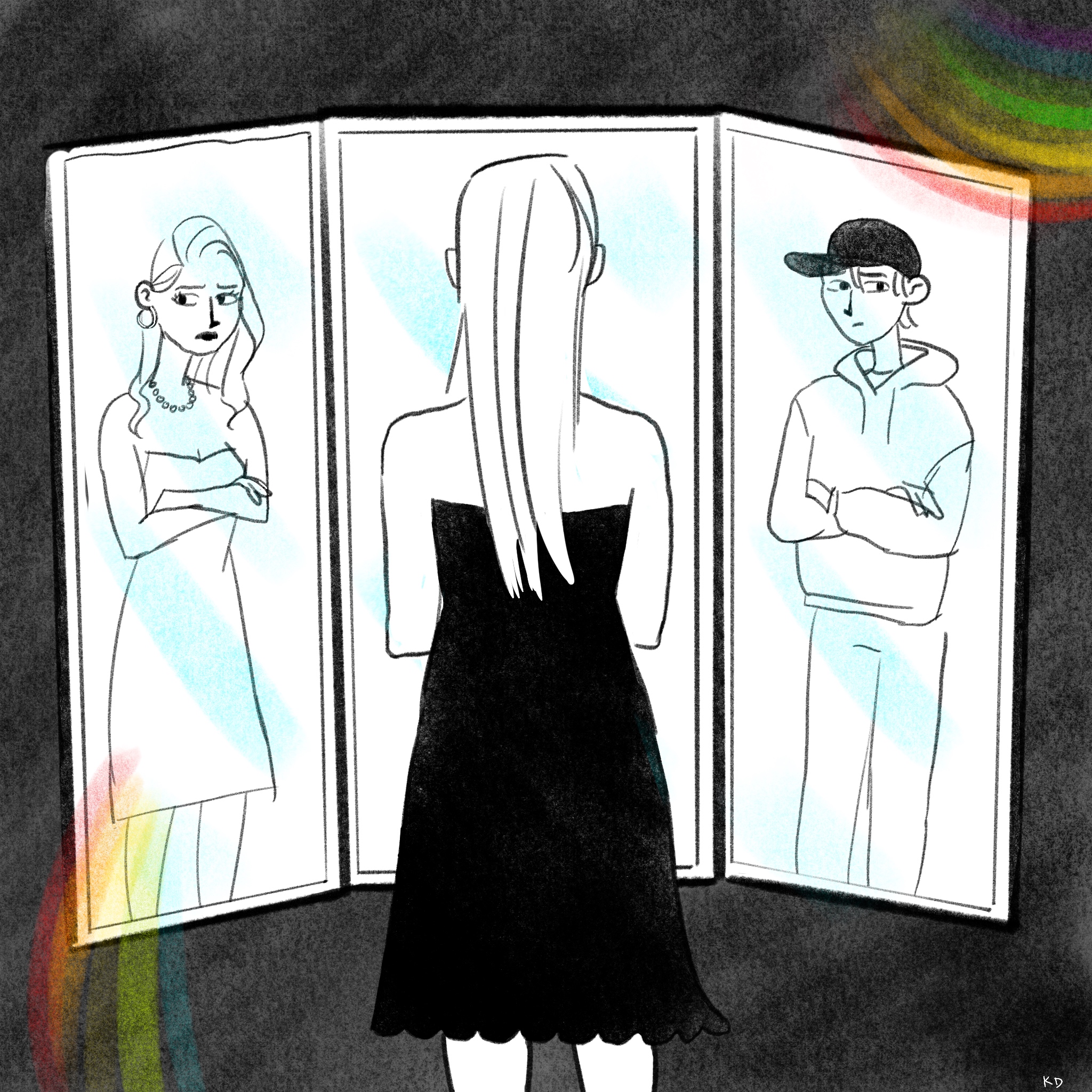 illustration of a person with long hair and a black dress looking into a tri-fold mirror. one side of their reflection shows a woman with styled long hair, jewelry, and a strapless black dress. the other side shows a masculine figure with a baseball cap, sweatshirt, and jeans