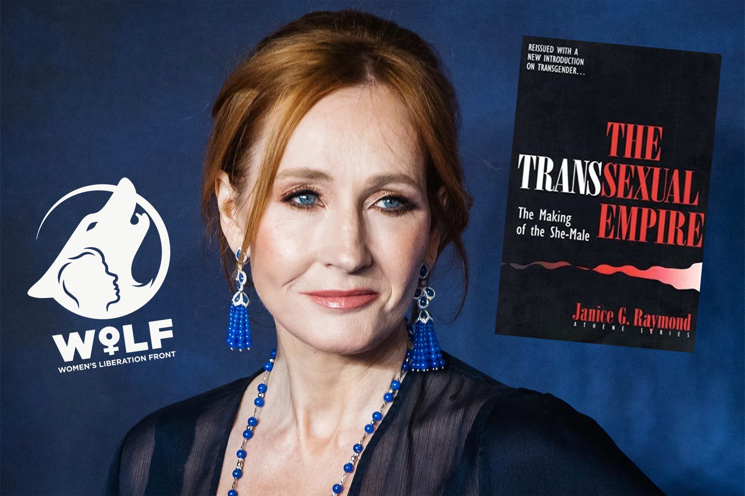 collage of JK Rowling, the transsexual empire cover, and the Women's Liberation Front (WoLF) logo