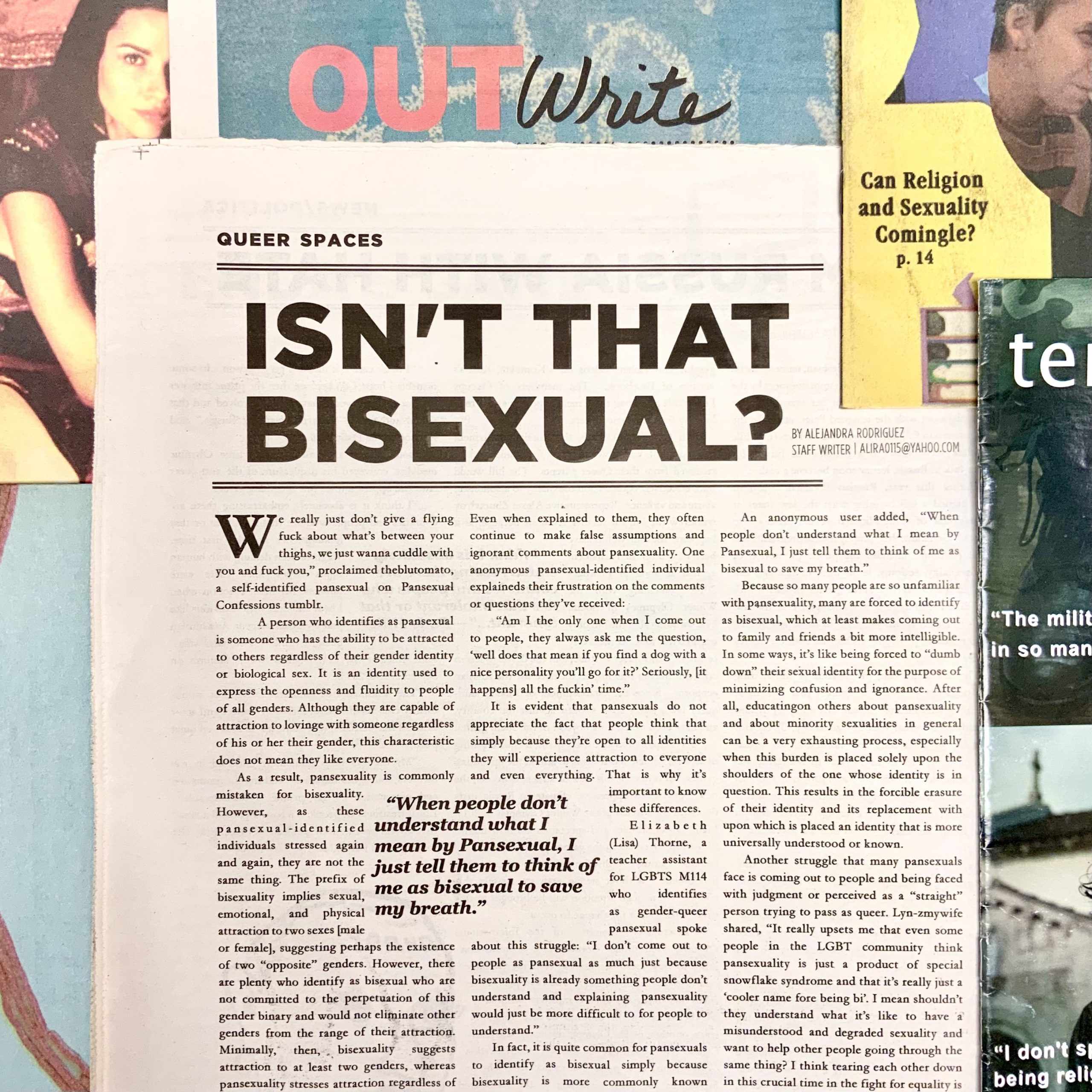 photo of print article Isn't That Bisexual? from OutWrite's Fall 2013 magazine