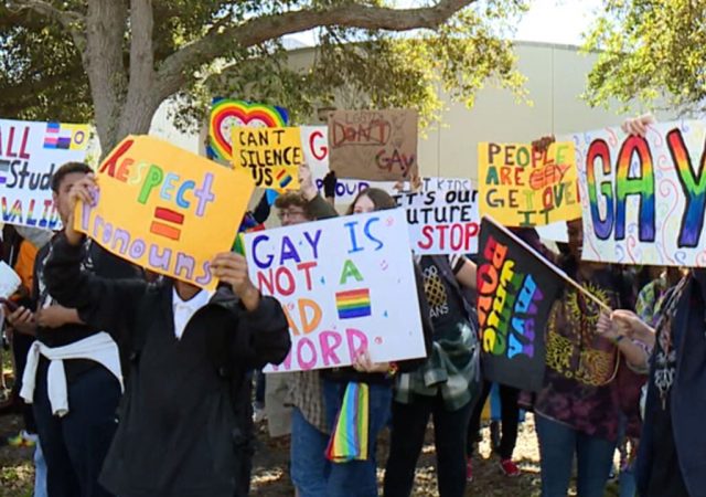 photo of Florida high school students protesting the Don't Say Gay Bill