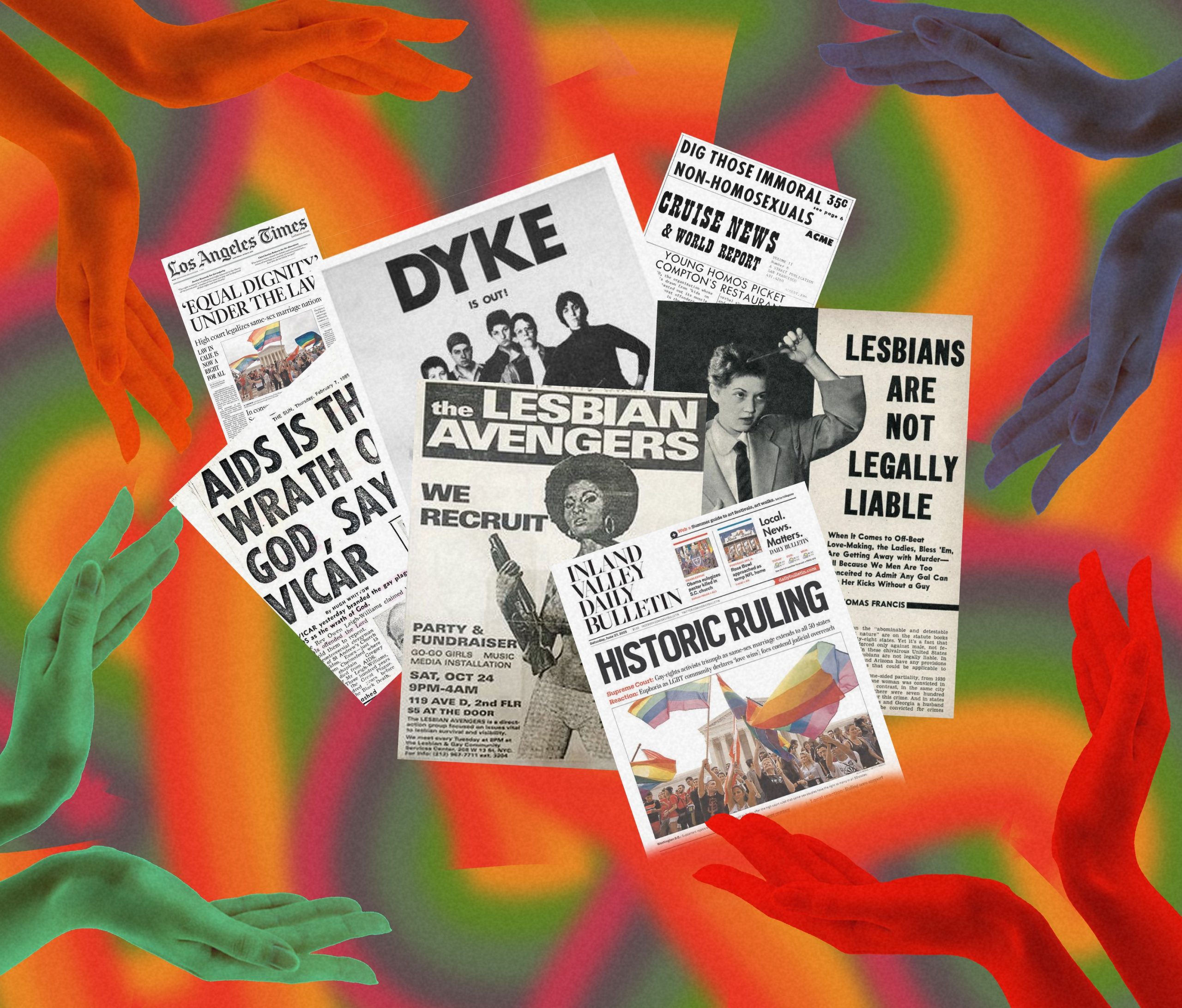 collage of newspaper clippings featuring headlines from important legal battles in queer history. multi-colored hands gesture to the pile.
