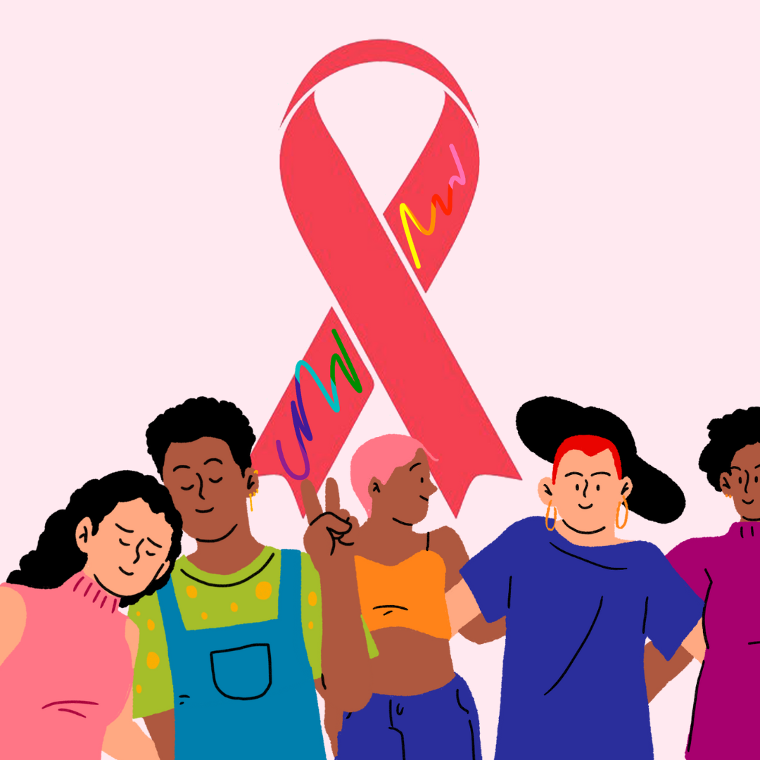 cartoon graphic depicting five figures in community with each other under a red HIV AIDS awareness ribbon threaded with a rainbow flag. light pink background