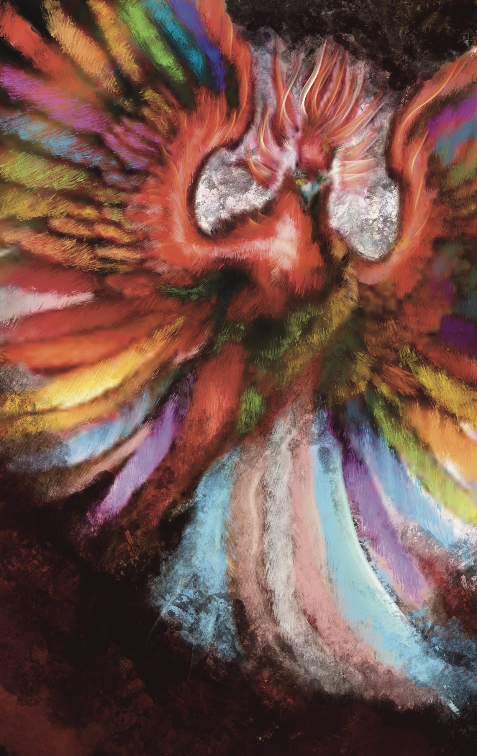 digital painting of a phoenix emerging with a flourish. its feathers are colored with the rainbow and trans pride flags