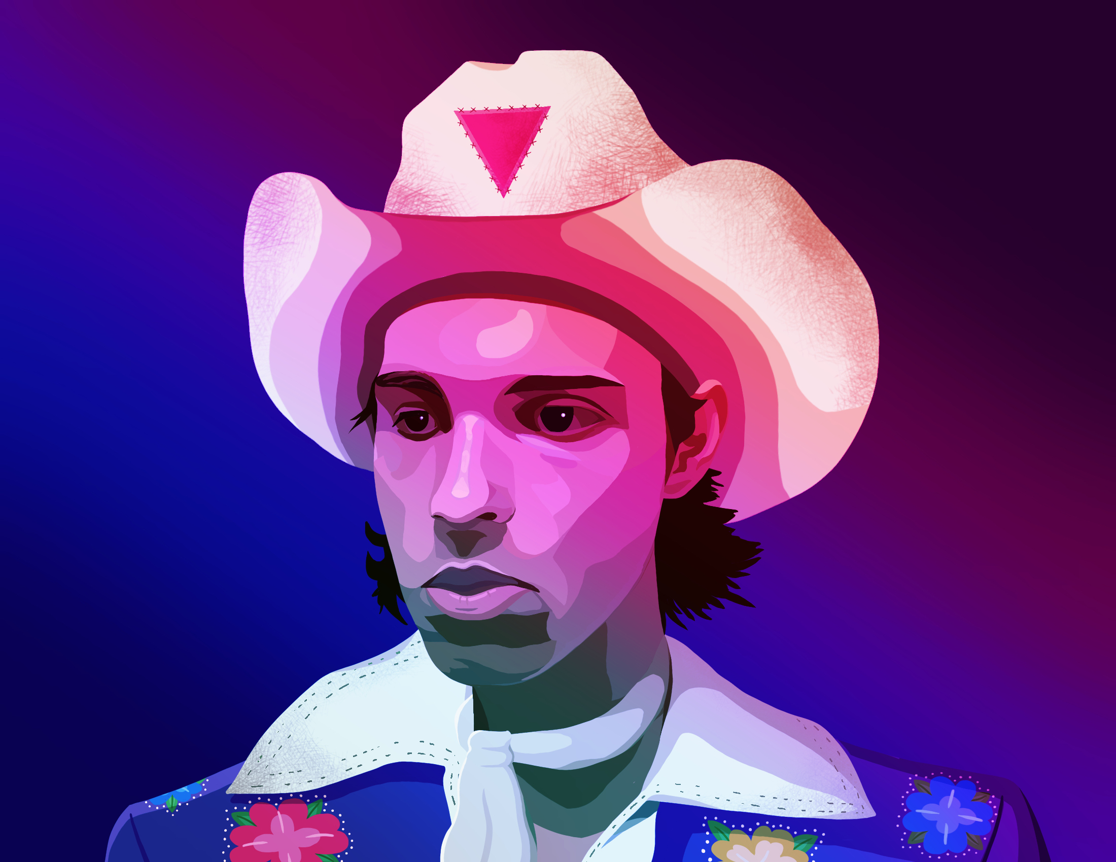 a digital illustration of Jackson, a white man with long, brown hair staring off to right wearing purple jacket with a flower pattern and white collar, a white scarf, and a white cowboy hat with an upside down pink triangle stitched in the middle. From left to right, the background fades from dark blue, light blue, purple, red, and dark purple