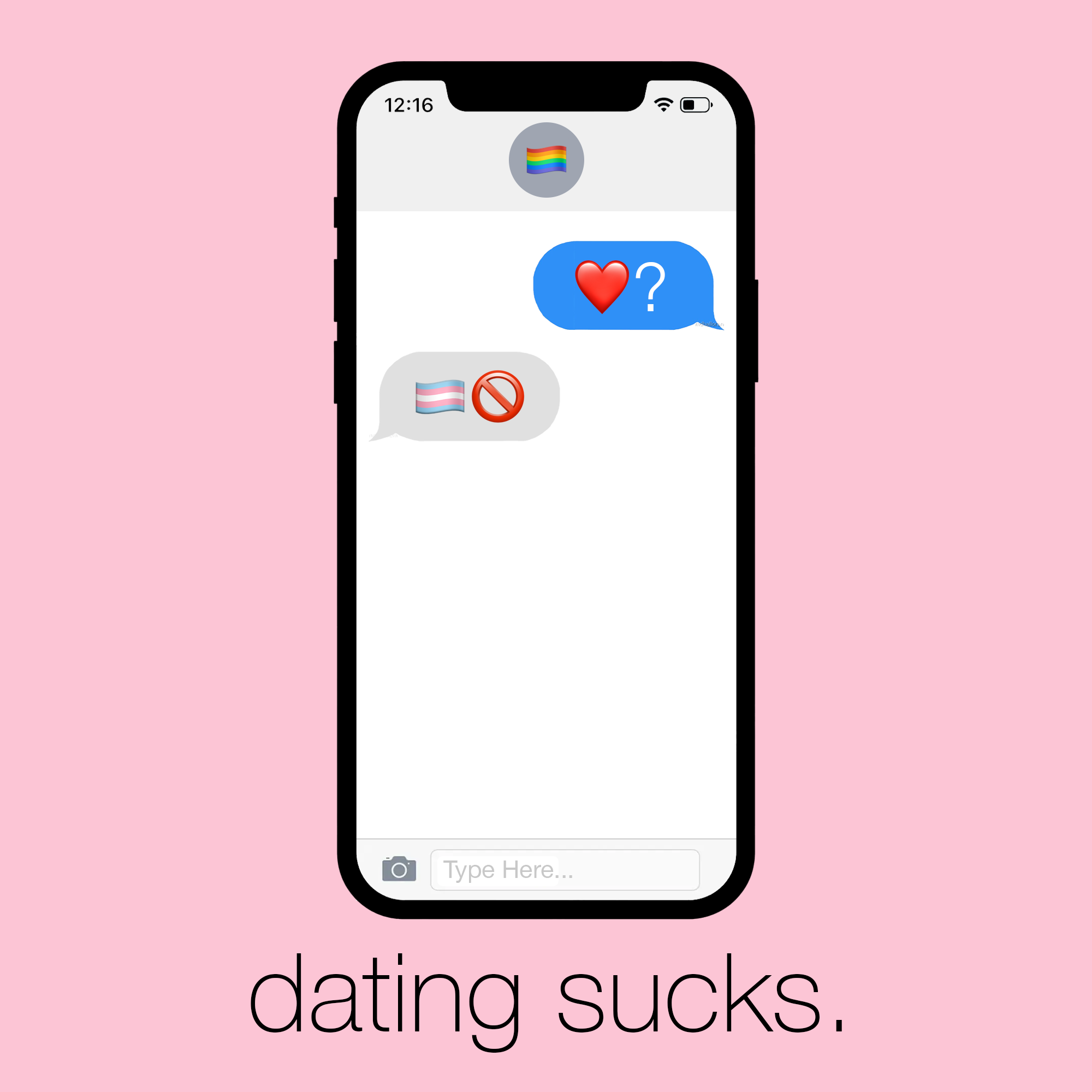 graphic showing an iPhone screen with an iMessage conversation. the sender sends a red heart and question mark, the recipient represented by the rainbow flag sends a trans flag with a canceled symbol. below the phone reads "dating sucks" on a pink background