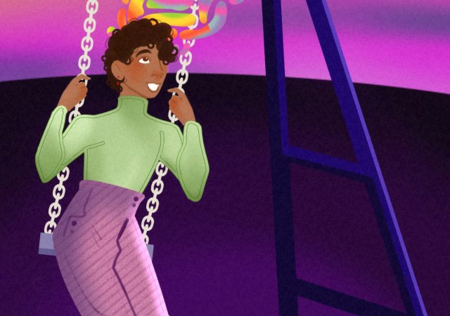 illustration of a nonbinary south asian person wearing a bright green turtleneck sweater and purple pants. they swing on a swing set and smile up into the dusk sky, rainbow shapes emanating from their head into the night.