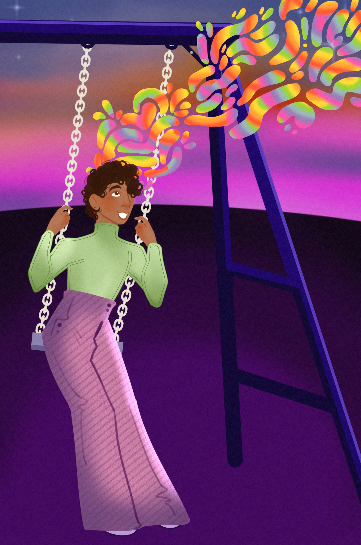 illustration of a nonbinary south asian person wearing a bright green turtleneck sweater and purple pants. they swing on a swing set and smile up into the dusk sky, rainbow shapes emanating from their head into the night.