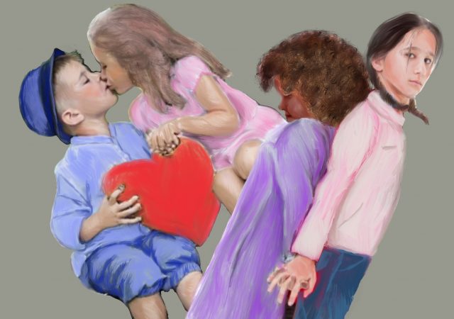 digital painting of two pairs of young children. one shows a boy and girl kissing while the other are two shy girls holding hands in secret