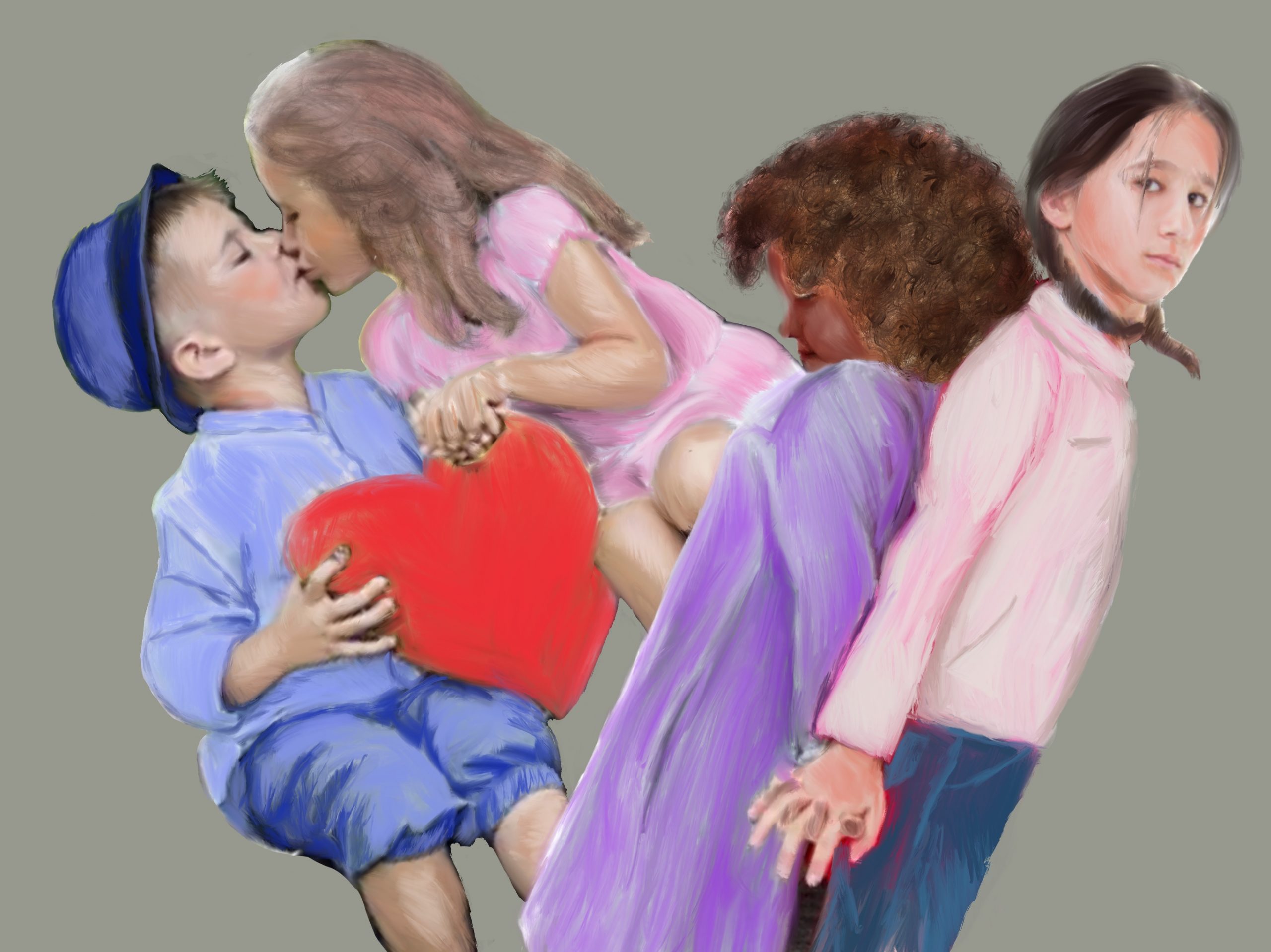digital painting of two pairs of young children. one shows a boy and girl kissing while the other are two shy girls holding hands in secret
