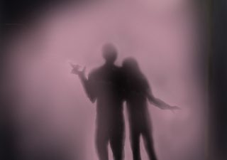 monochromatic dusty pink illustration of two female silhouettes walking down the street under a street lamp