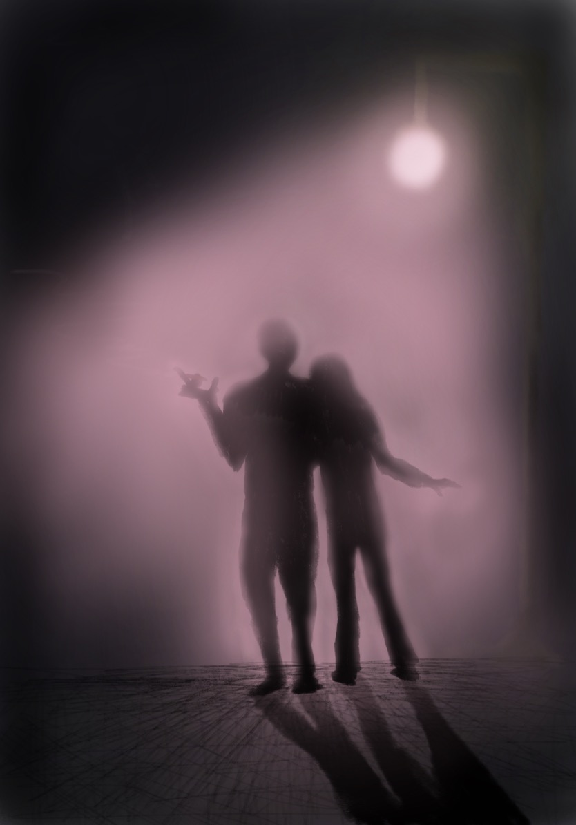 monochromatic dusty pink illustration of two female silhouettes walking down the street under a street lamp