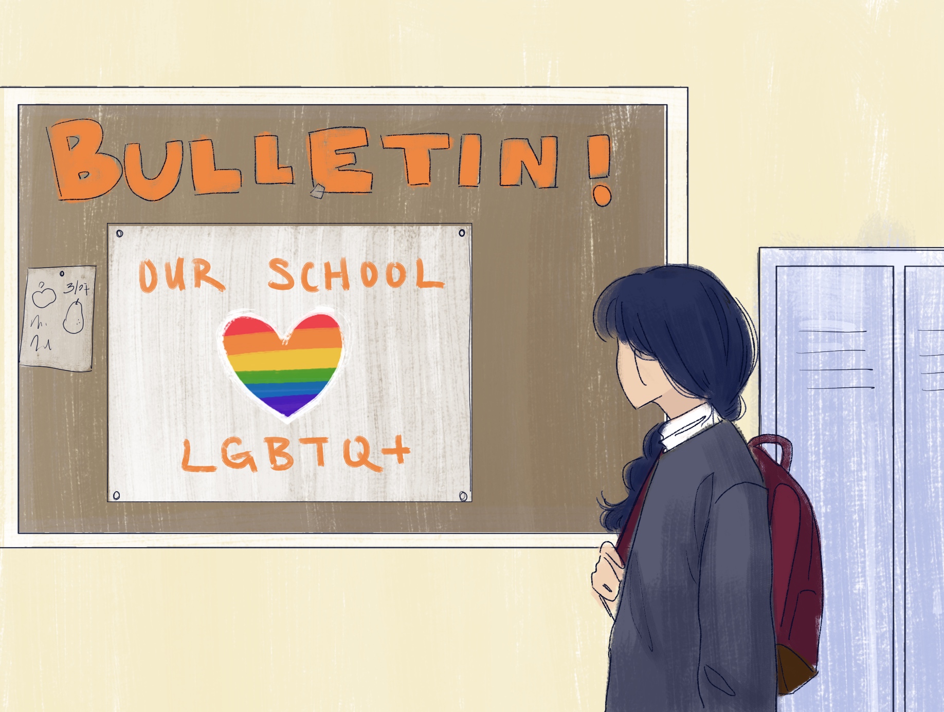 cartoon illustration of an asian female college student with long black hair tied into a low ponytail wearing a hoodie and backpack. she looks at the bulletin board in her old high school, viewing a poster reading "our school loves lgbtq+" with a rainbow flag.