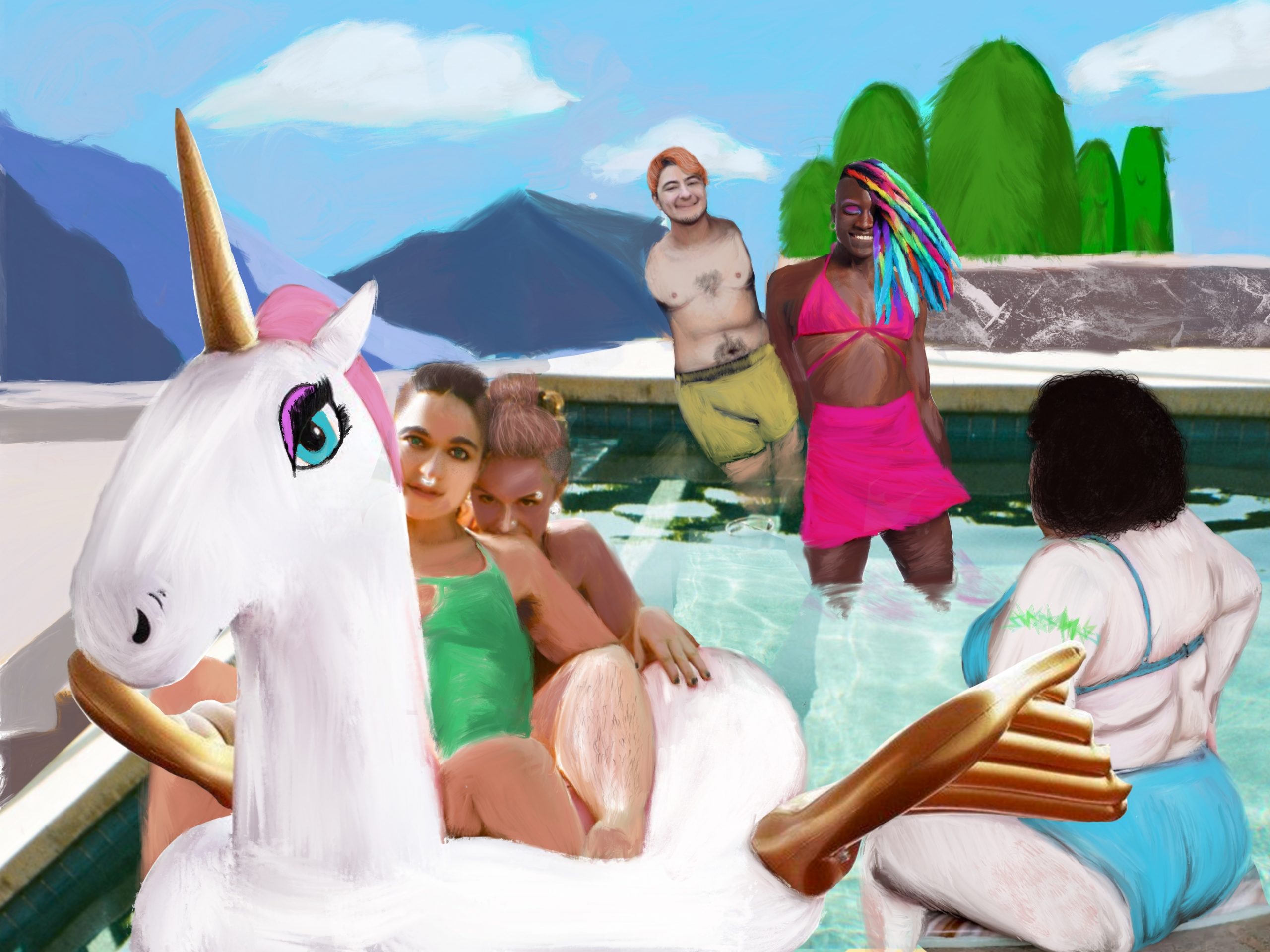 digital painting of a group of queer people with different body types and identities enjoying a day at the pool