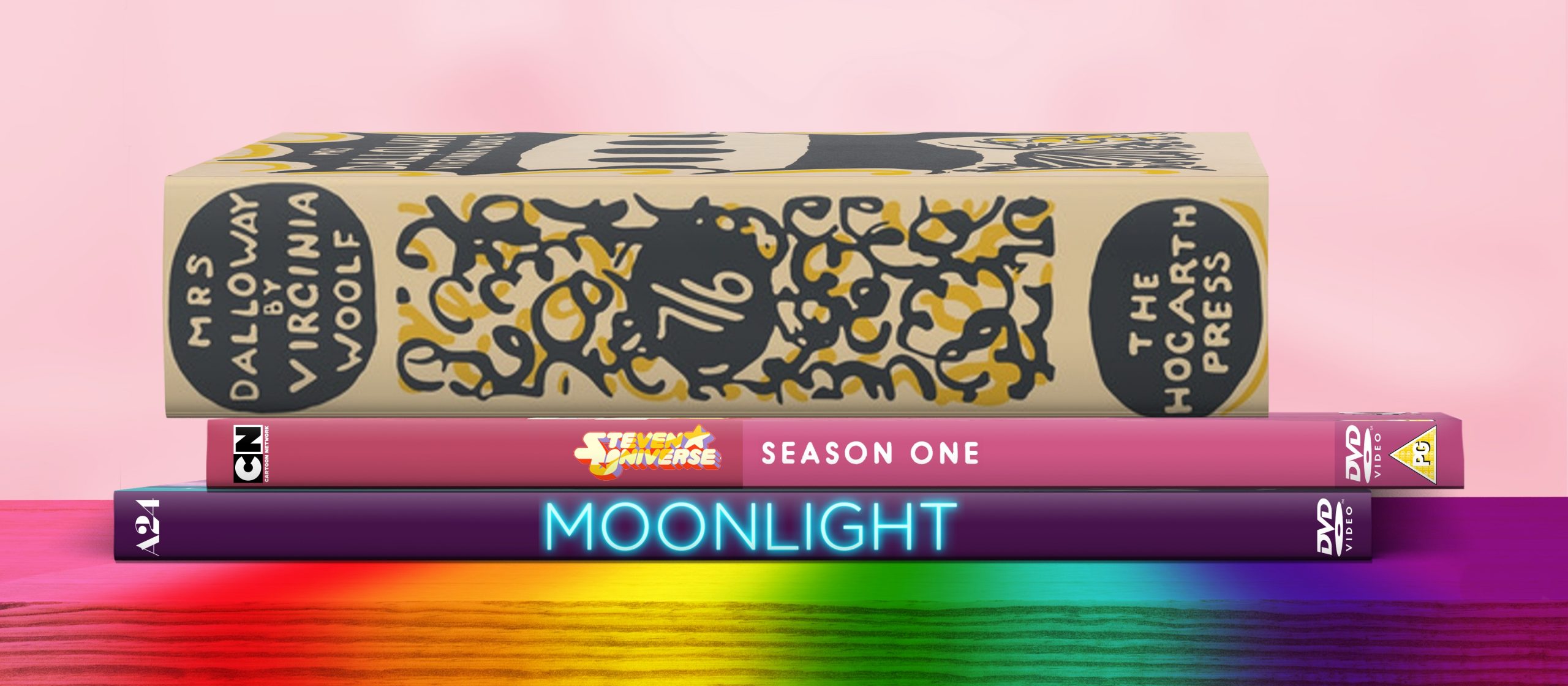 mockup of books and DVD cases stacked on a rainbow table in front of a pink wall. the media includes mrs. dalloway by virginia woolf, steven universe season one, and moonlight