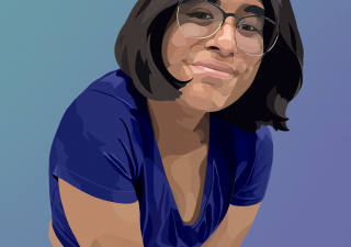 illustration of a nonbinary Latine brown person with chin length black hair, glasses, and a deep blue cropped shirt. they have thick eyebrows and hairy arms.