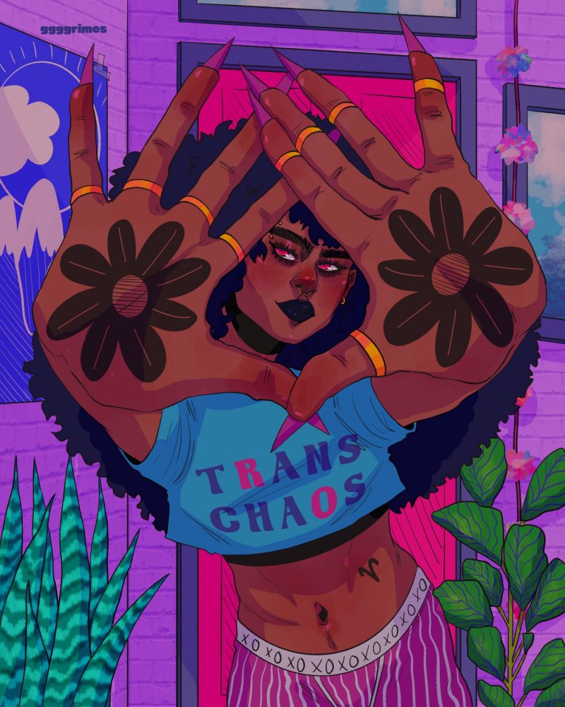 An illustration depicting a Black nonbinary person with their hands framing their face to the camera. They have big, long dark curly hair, matching flower palm tattoos, gold rings, a blue crop top reading “TRANS CHAOS”, and striped boxers. Behind them is a pink curtain, purple walls, and some house plants. 