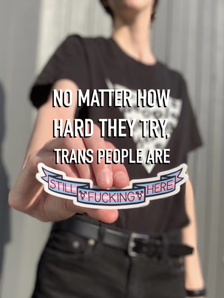 photo of christopher holding a symmetrical banner shaped trans flag sticker up to the camera with the rest of his body out of focus. added text plus the sticker spell out the phrase "no matter how hard they try, trans people are still fucking here."