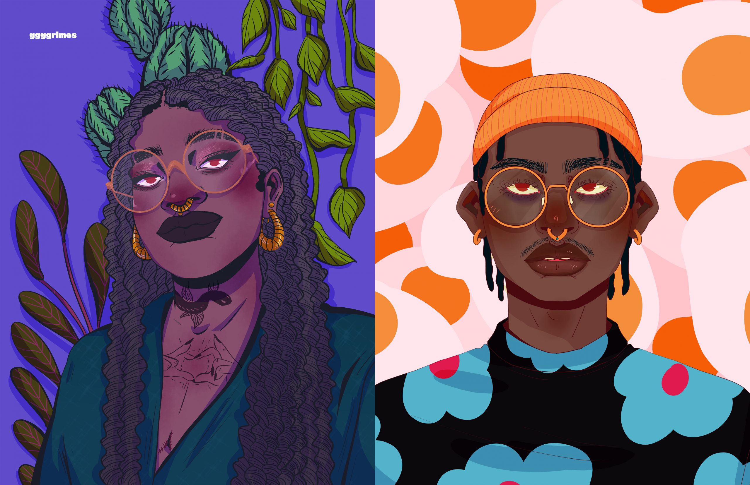 two illustrations of ggggrimes, a Black nonbinary person with dark hair and matching gold glasses, septum ring, and earrings. On the left they present as Gabriela with long hair with tight waves, a black v-neck sweater, and a smile in front of a dark violet background with leaves. On the right they present as Theo with locs, a mustache, an orange durag, a dark shirt with blue flowers, and a neutral expression in front of an orange patterned background