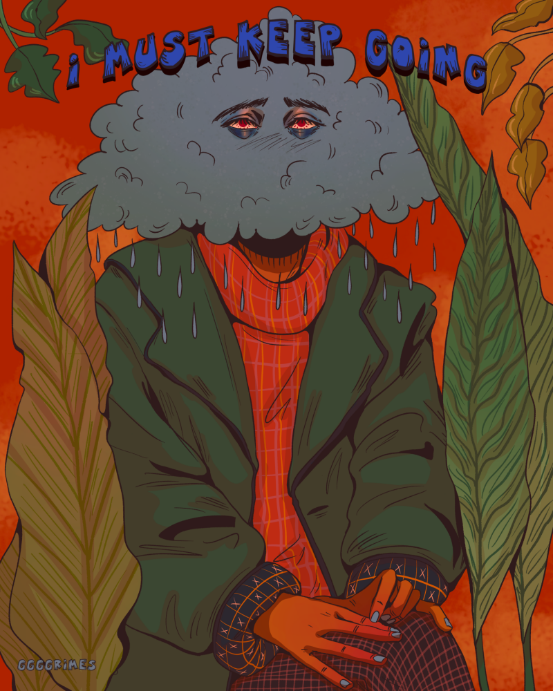 An illustration depicting a Black person with a long sleeve dark green jacket over an orange sweater. They have a dark rainy cloud instead of a head and sad eyes, the title of the piece above them in bright violet. Behind them are large green leaves and a burnt orange background.