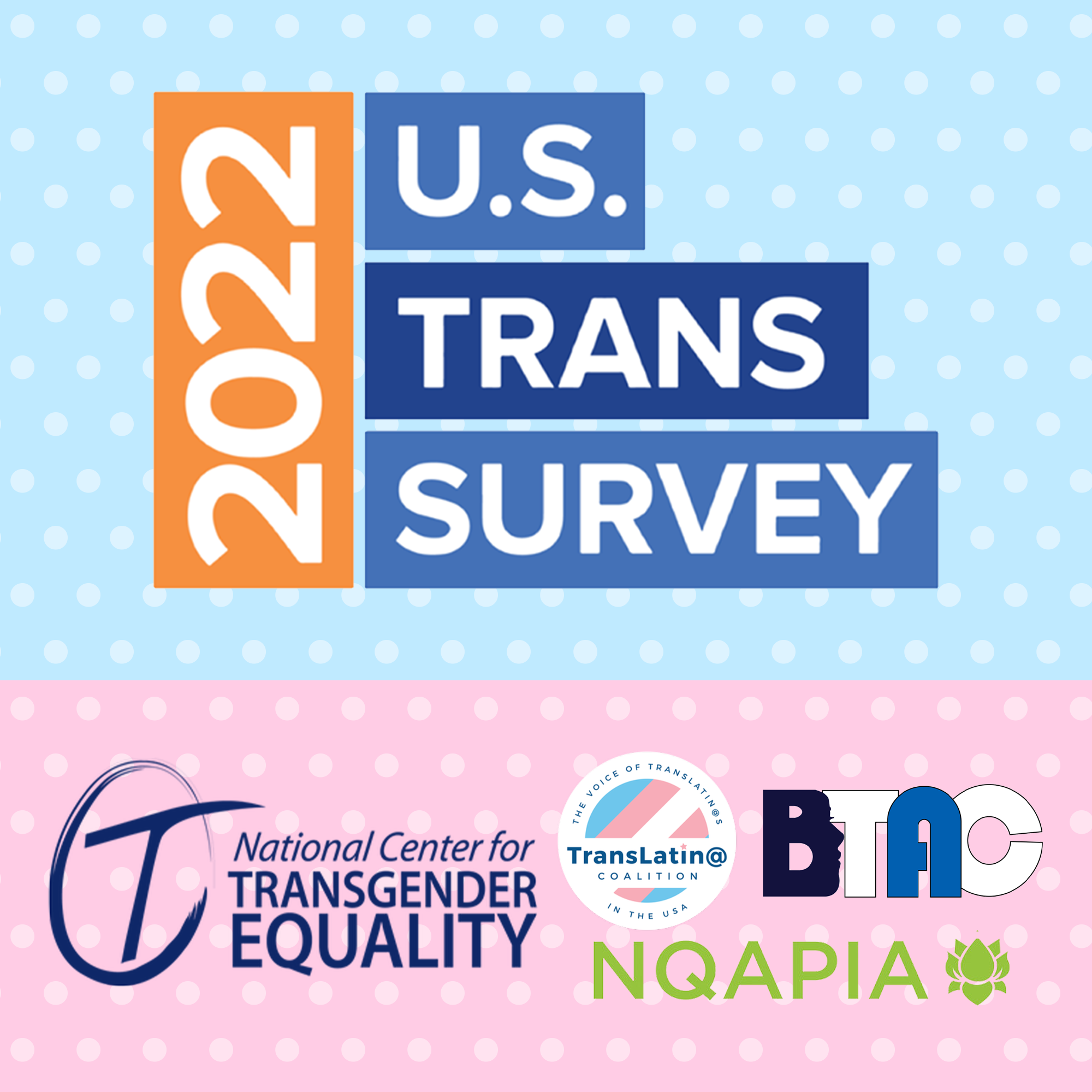 pink and blue graphic with polka dots featuring several logos, including 2022 US Trans Survey, National Center for Transgender Equality, National Black Trans Advocacy Coalition, the TransLatin@ Coalition, and the National Queer Asian Pacific Islander Alliance