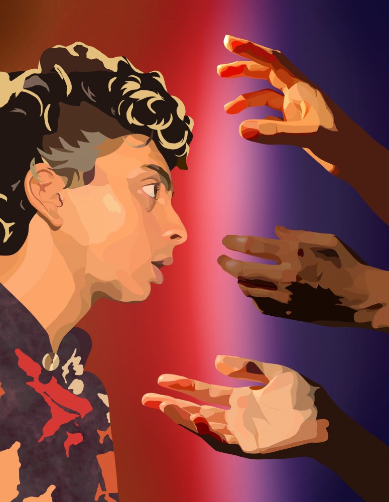 a digital illustration of Shaanth, a brown nonbinary person with curly dark hair and a multicolored earth toned sweater looking in wonder at three hands of different skin colors reaching toward their face. the background fades from dark orange and red to dark purple.