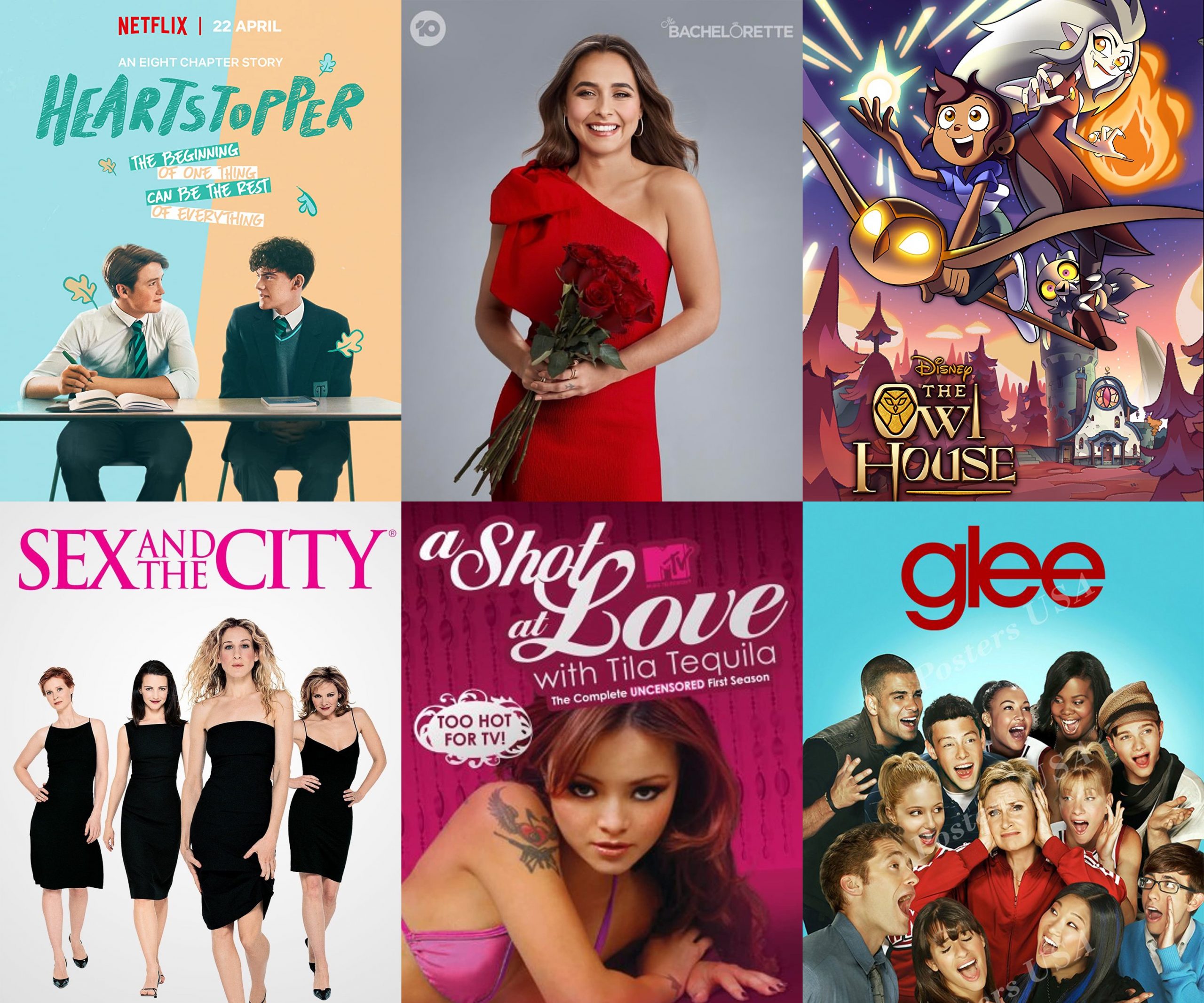 compilation of TV posters for Heartstopper, The Bachelorette Australia, The Owl House, Sex and the City, A Shot at Love with Tila Tequila, and Glee
