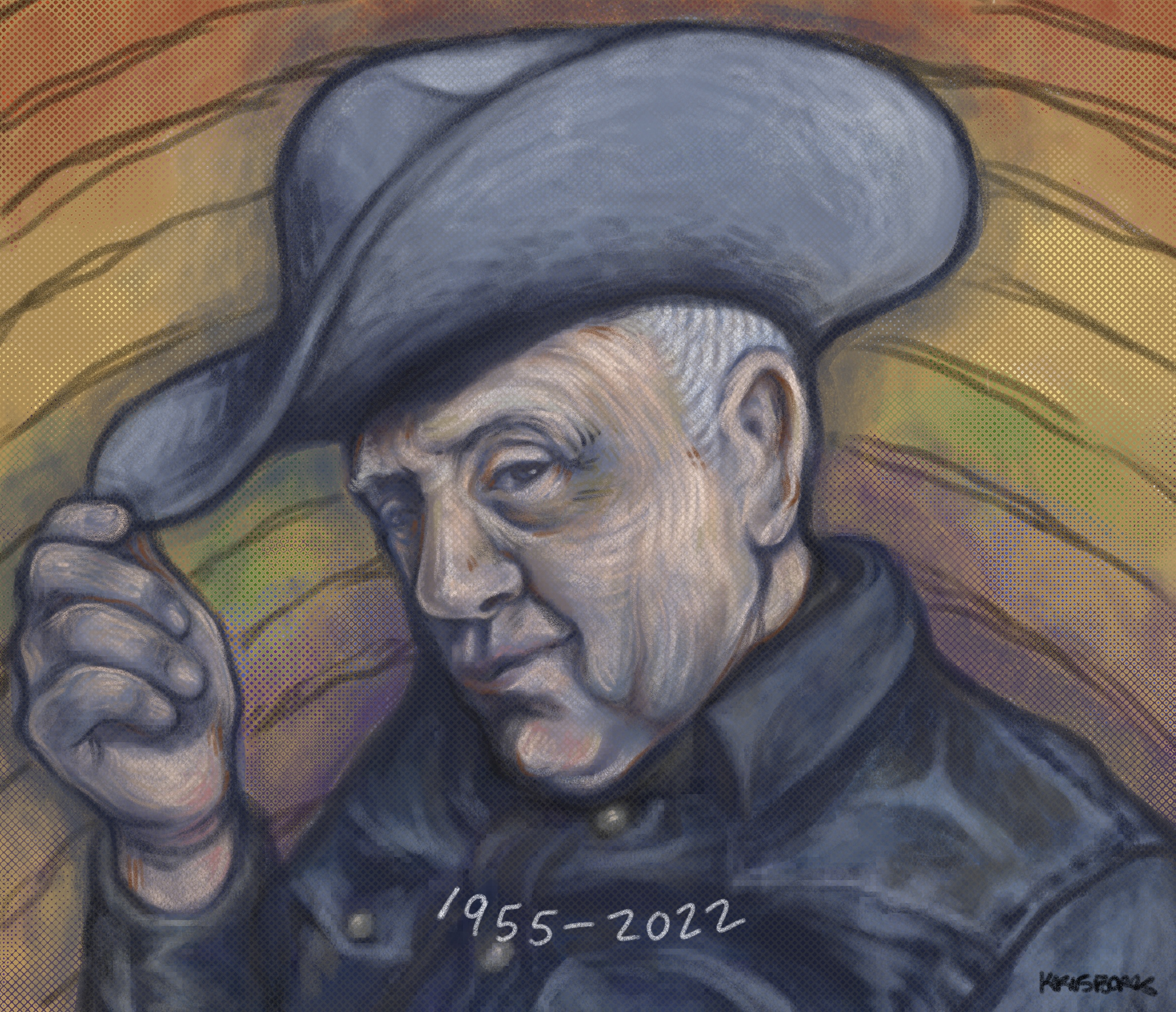 illustration of the late Leslie Jordan posing with a cowboy hat in front of a rainbow background