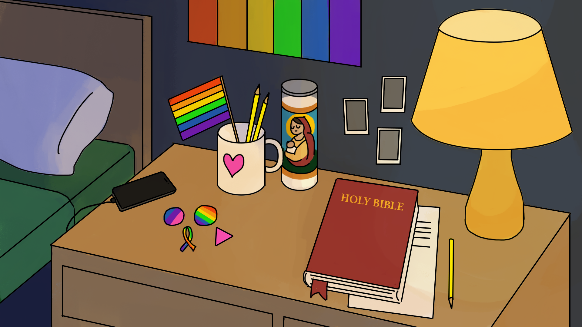 illustration of a desk covered in queer related and religious items