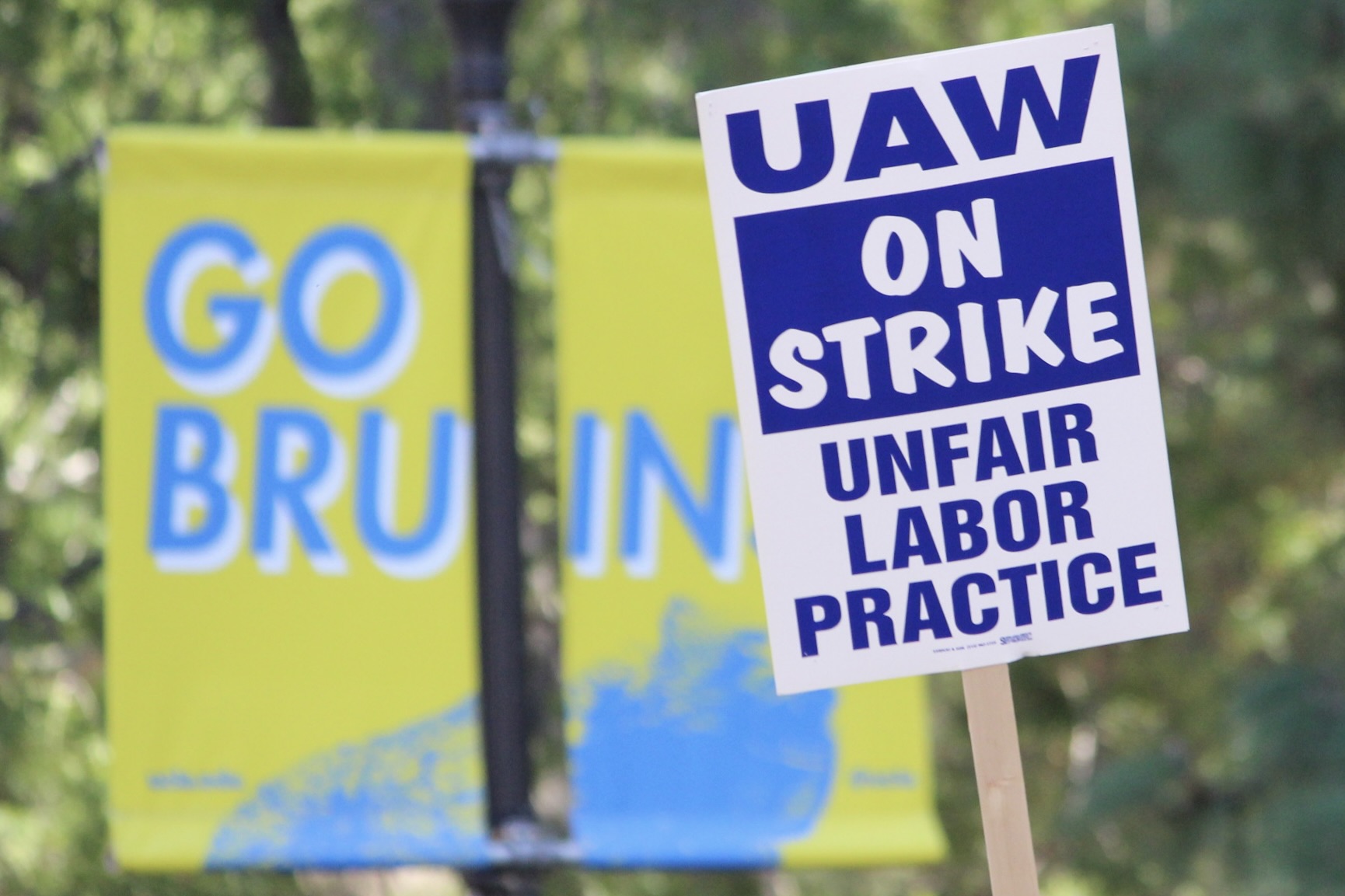 photo of a UAW strike sign being held in front of a go bruins banner