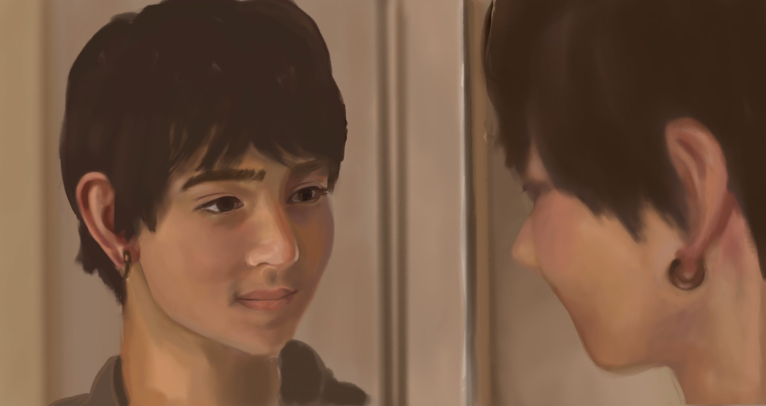illustration of a still from When Men Were Men depicting Kieran looking at himself in the mirror as he puts a single earring on