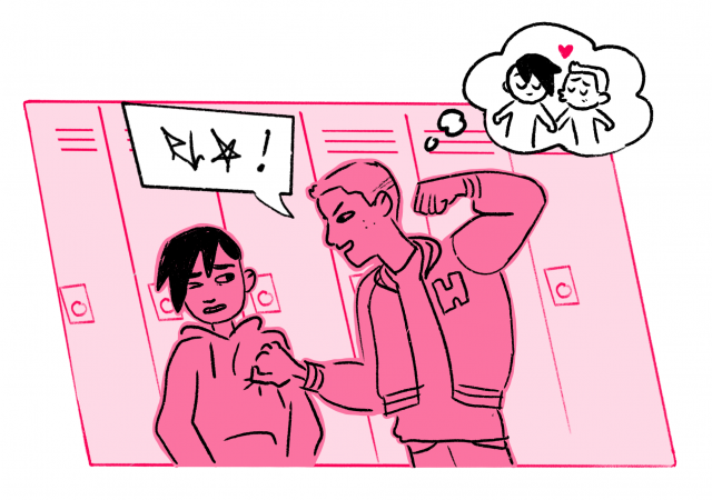 simple illustration of a bully going to punch a queer person while thinking of kissing him