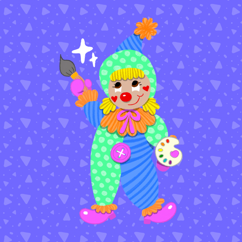 digital illustration of a cute clown girl with blonde hair and a teal and blue suit with magenta buttons and orange frills holding a painter's palette and brush. 