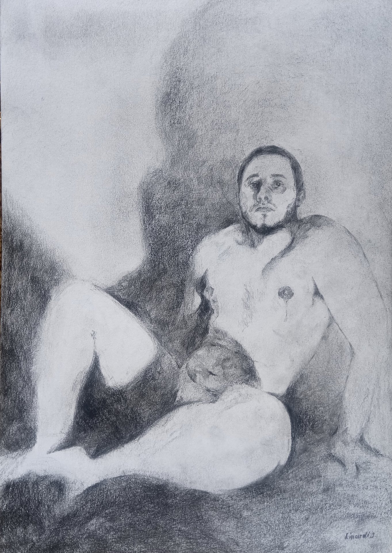 a black and white self portrait painting depicting Nathanail Evan Linardis in the nude looking at the viewer