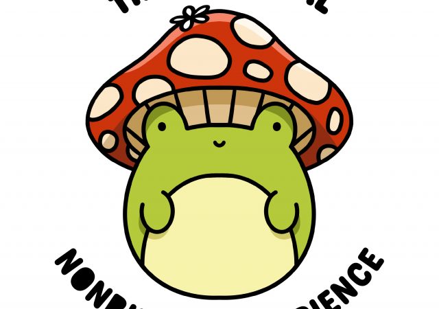 cartoon frog wearing a mushroom hat surrounded by bubble text reading "the universal nonbinary experience"