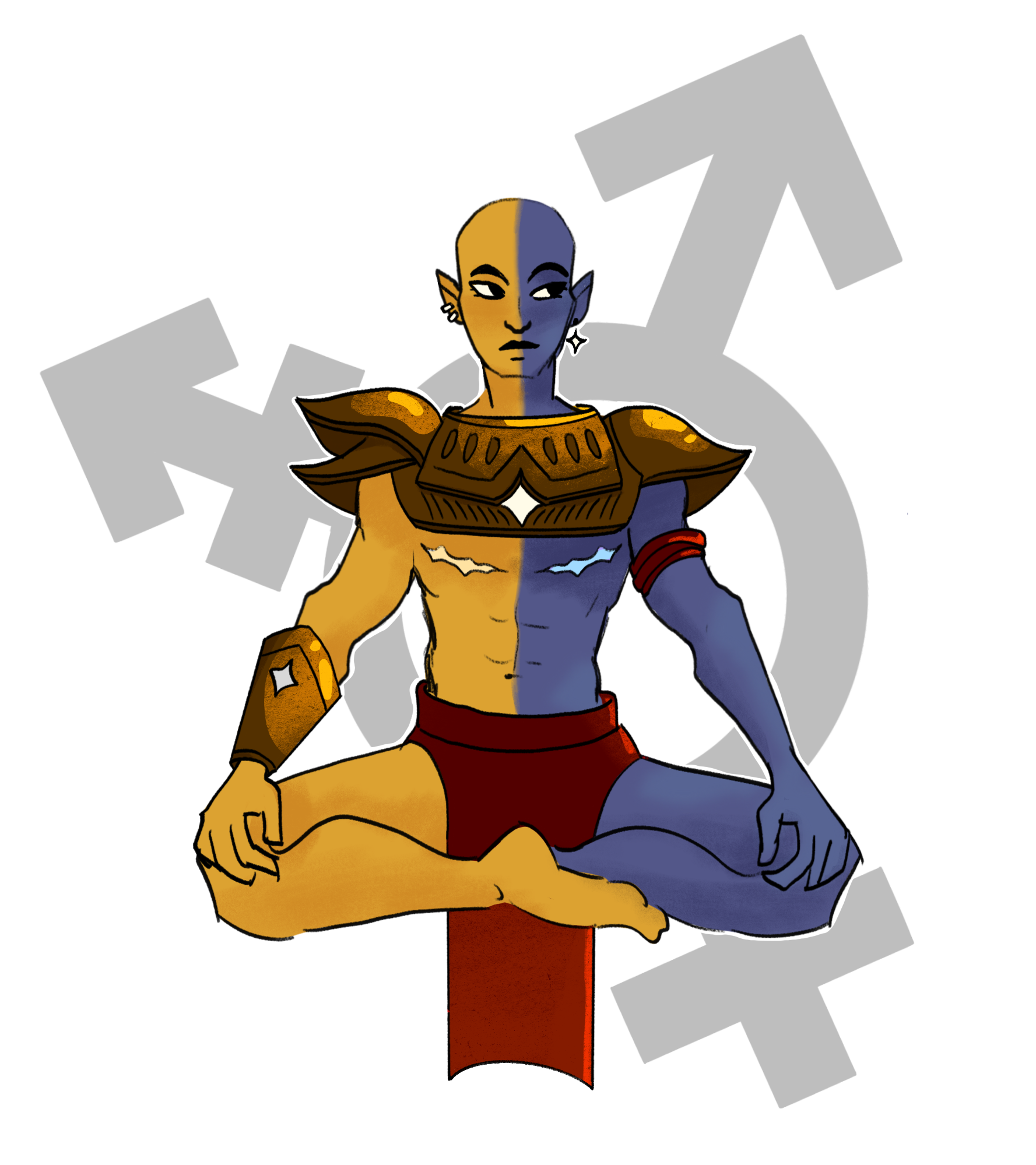 illustration of Vivec from Elder Scrolls depicted as transmasculine with top surgery scars, floating cross legged in front of the transgender symbol