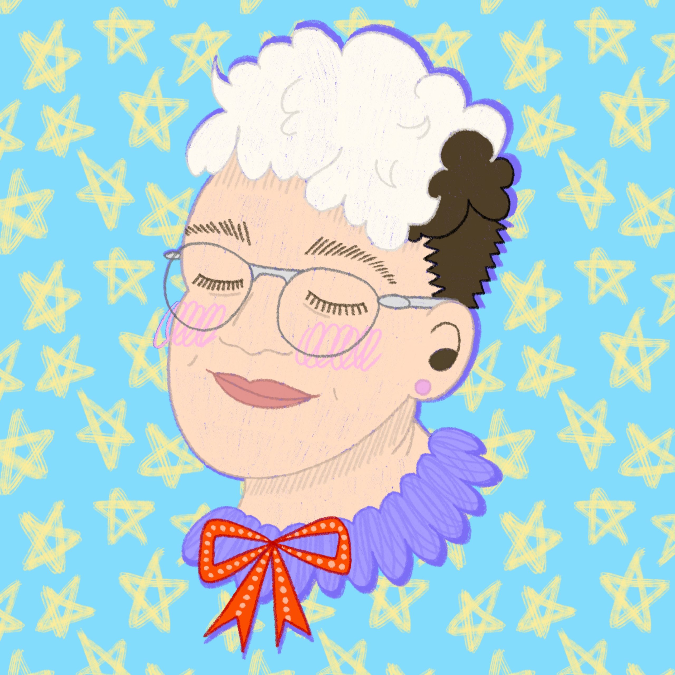 illustration of Juniper Harwood, a white neuroqueer person with a brown and blonde mullet and a frilly collar