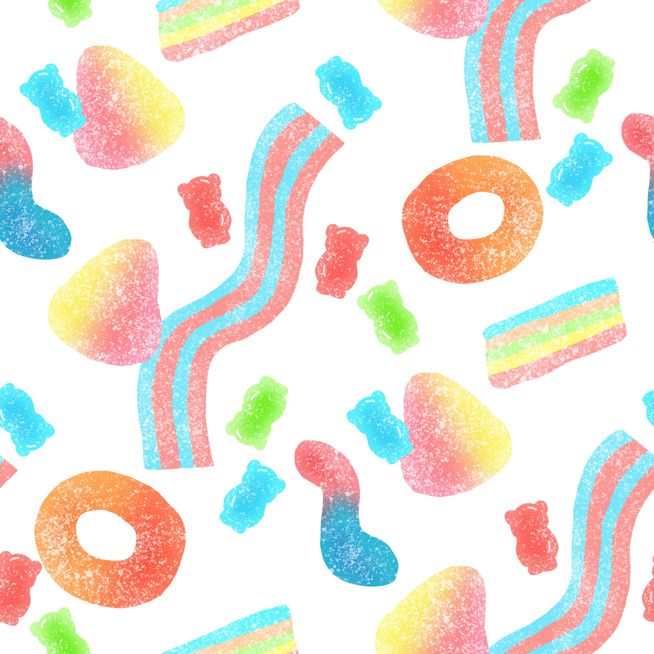 illustrated sour candy scattered across a white background