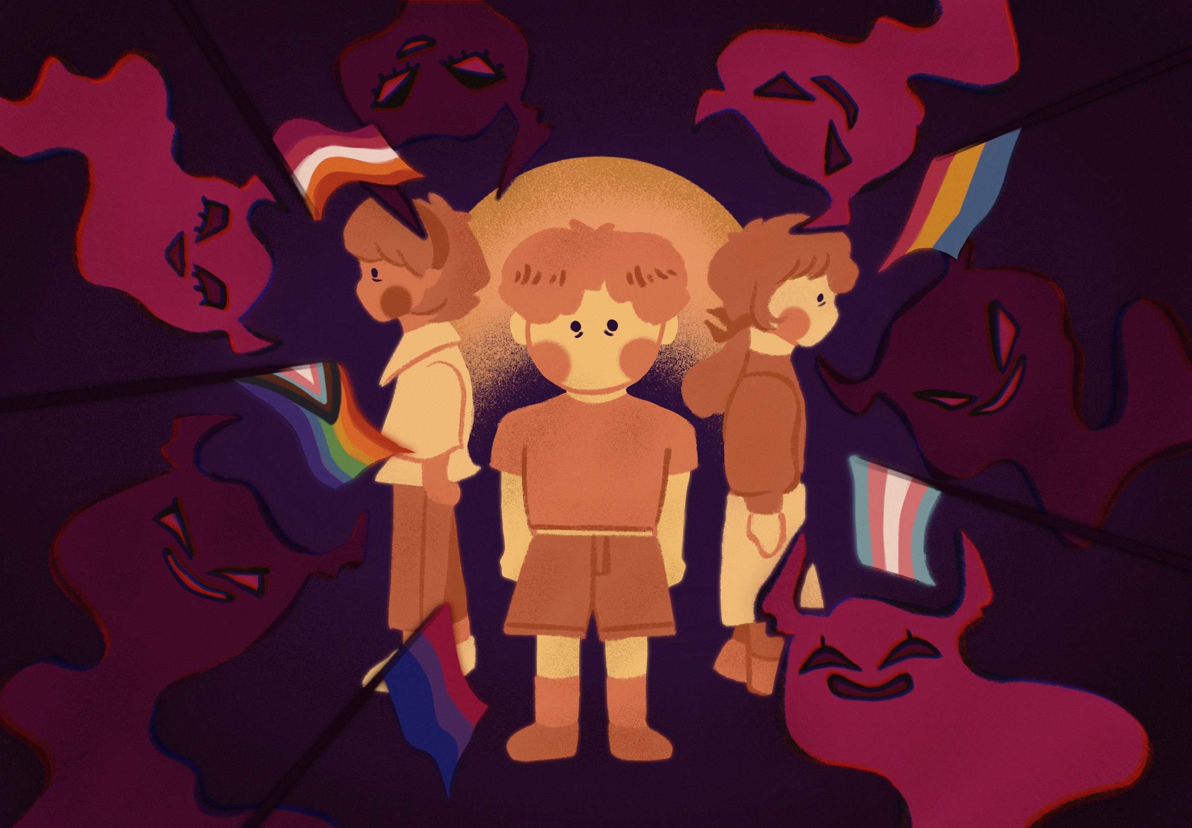 illustration of three children surrounded by various pride flags and demons