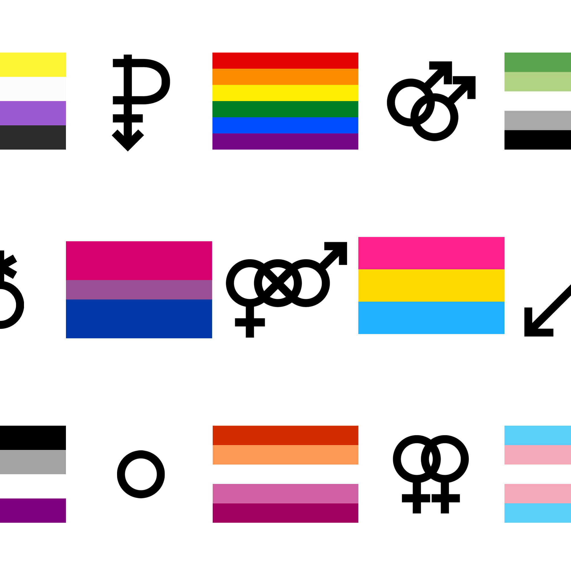 pattern of pride flags and symbols including nonbinary, rainbow, aromantic, bisexual, pansexual, asexual, lesbian, and transgender