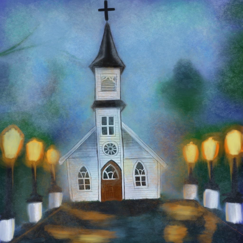 illustration of the outside of a church at night