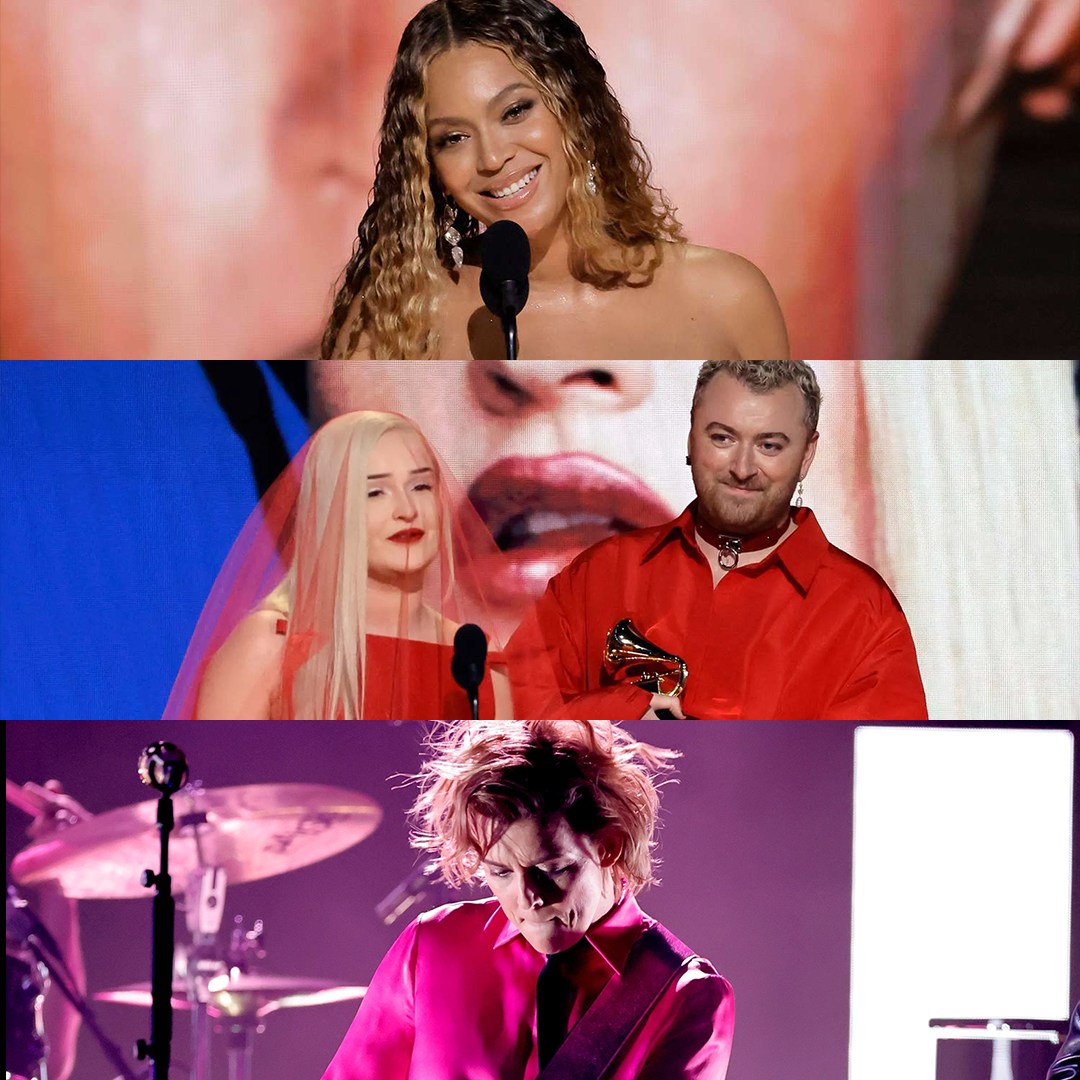 compilation of photos of Beyonce, Sam smith, Kim Petras, and Brandi Carlile from the 2023 grammys