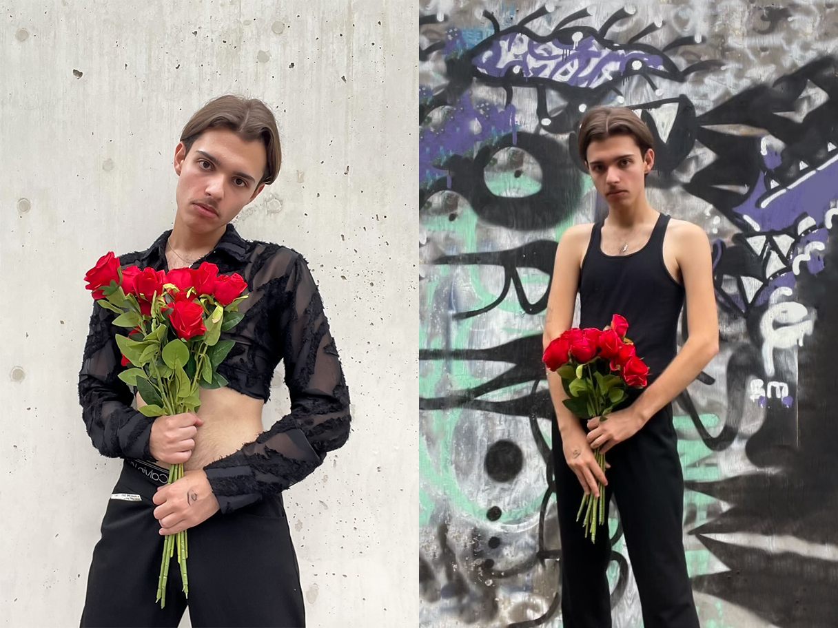 photos of a white gay man holding roses