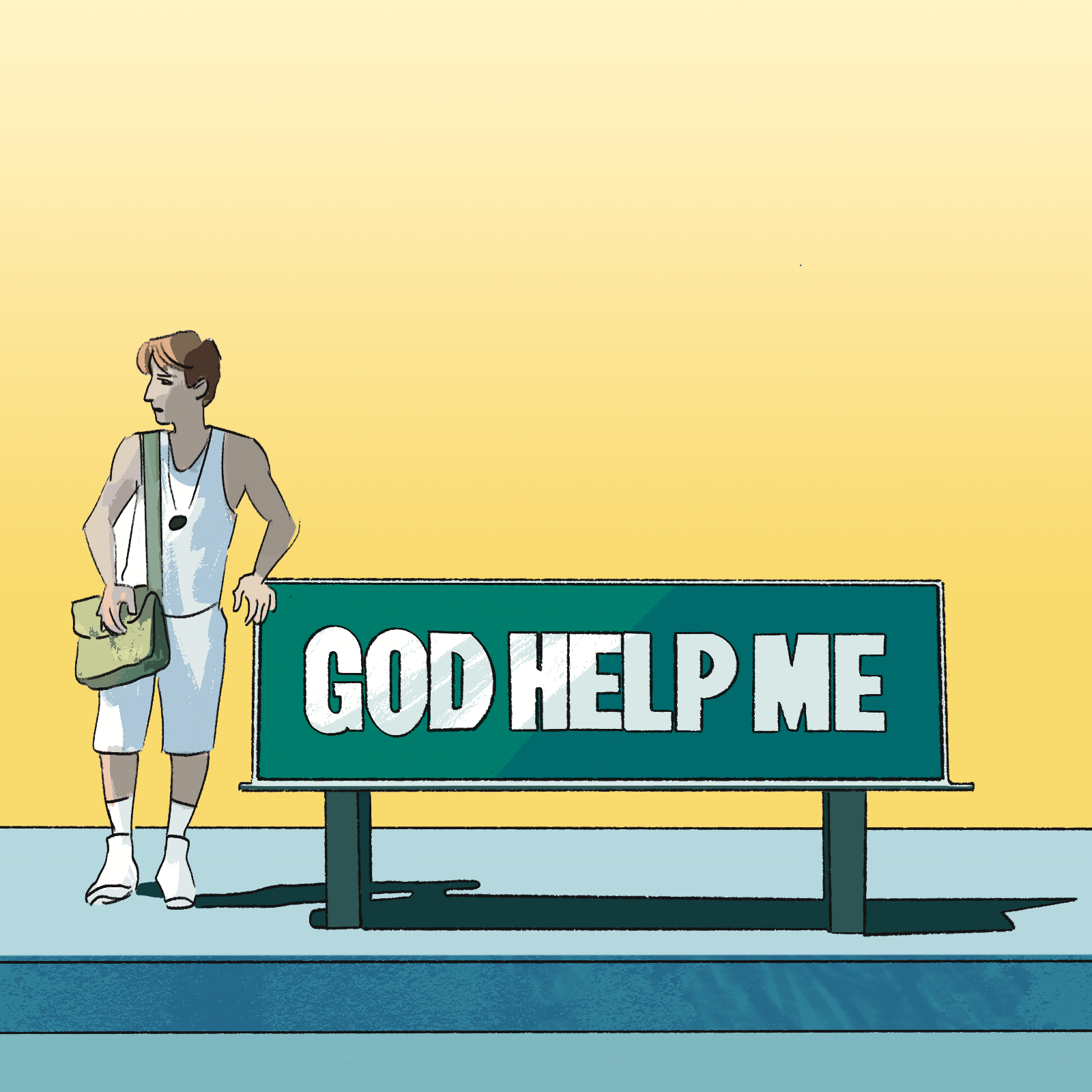 illustration of a still from a Gregg Araki film showing a man leaning on a street bench that reads God Help Me